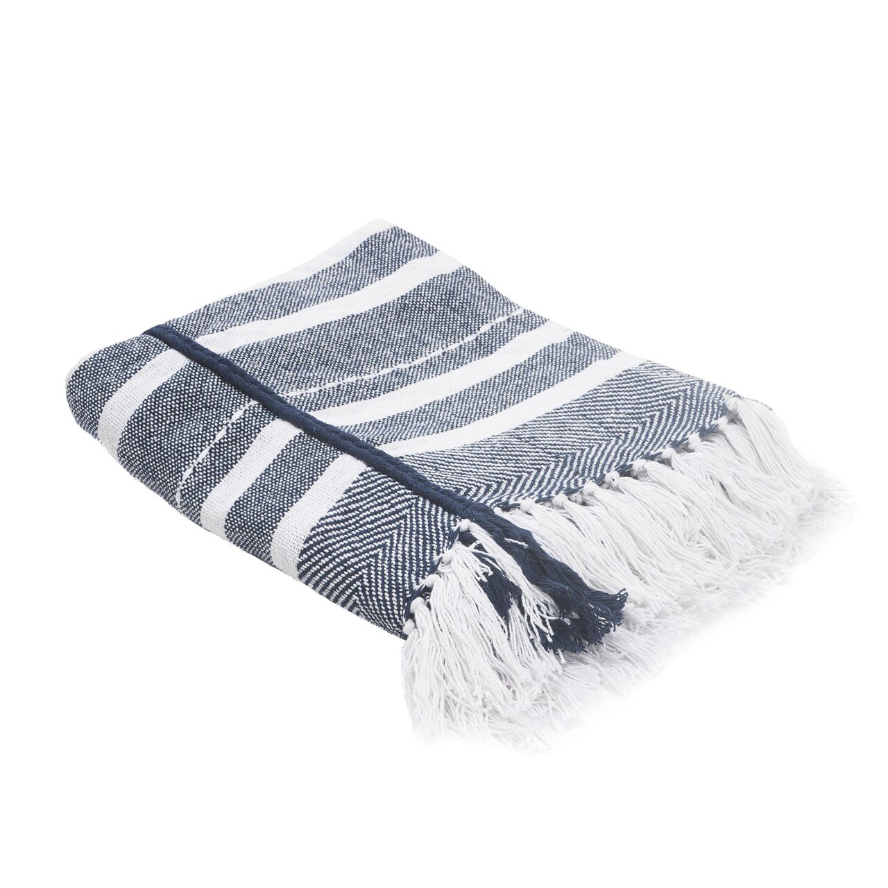 Laddha Home Designs Navy Blue and White Horizontal Striped Fringed Throw Blanket 50" x 60"